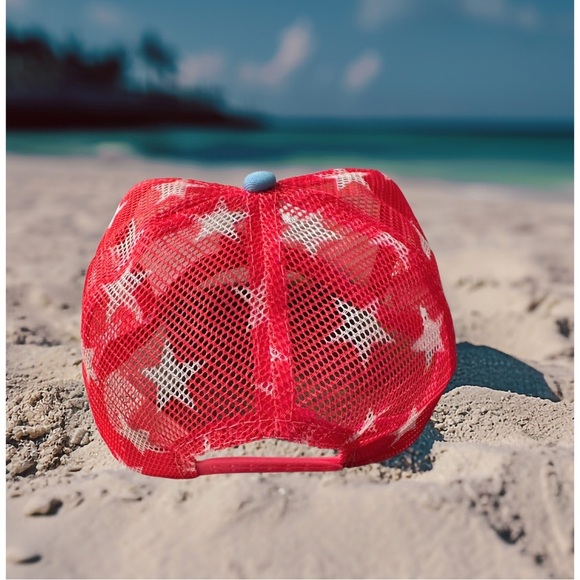 Cherries & Bow Embroidered Trucker Hat, Foam Front, Star Mesh, Blue & Hot Pink